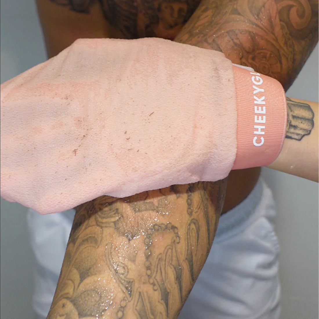 visible dead skin on glove after using the cheekyglo exfoliating glove