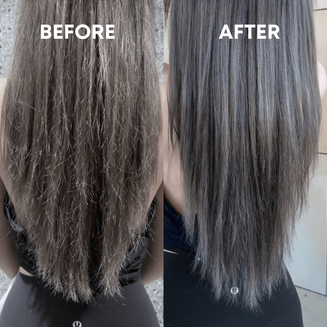 Side-by-side images of long hair detailing a transformation using the CheekyGlo Hair & Scalp Set. The left image shows dull, frizzy, and textured hair with visible product build-up labeled "Before." The right image presents smooth, shiny, and straightened hair labeled "After." Suitable for all hair types, the background is blurry and neutral-toned.