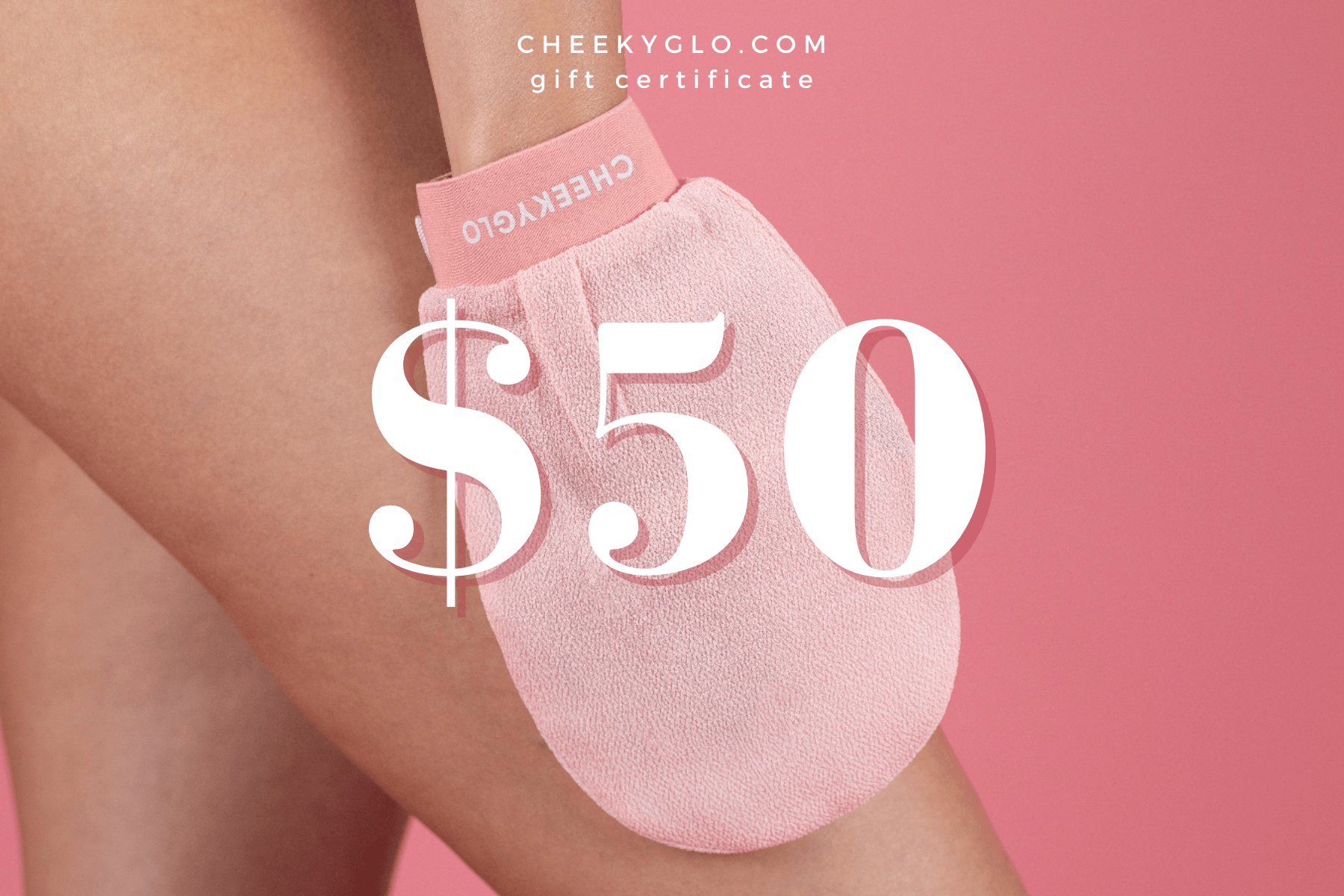 A $50 CheekyGlo Gift Card is presented next to one of CheekyGlo&