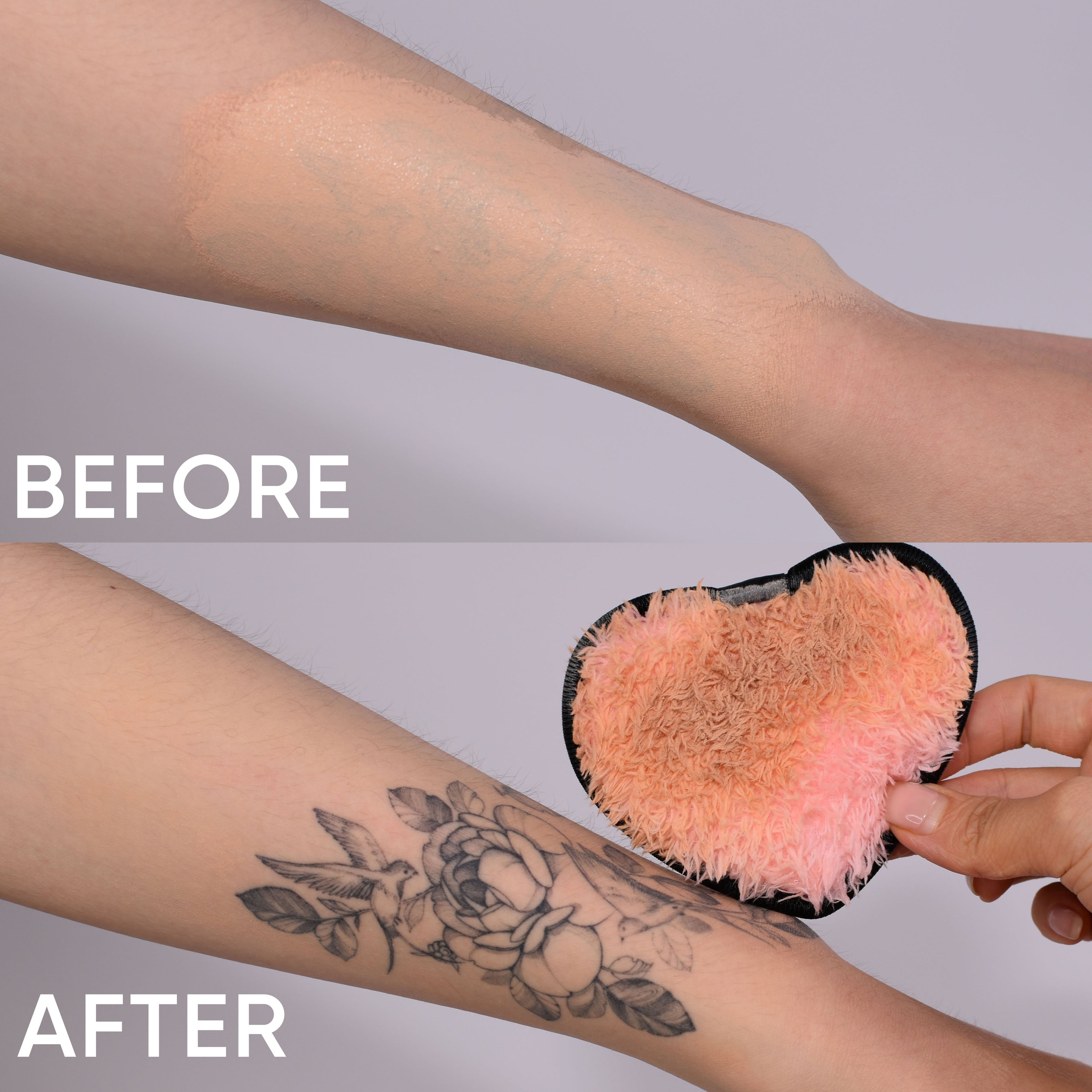 Top image: A forearm with a faint outline of a tattoo covered by makeup, displaying a smooth skin tone. The word "BEFORE" is placed in the bottom left corner.
Bottom image: The same forearm now shows a visible tattoo of a floral design, with a pink fluffy CheekyGlo Makeup Eraser from CheekyGlo held nearby. The word "AFTER" is in the bottom left corner.