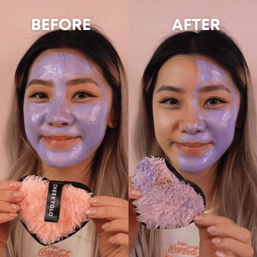 A woman is featured in a side-by-side comparison photo. In the "before" image, she has a purple face mask applied to her face. In the "after" image, her face is clean. She holds a pink and purple CheekyGlo Makeup Eraser pad labeled with its name, emphasizing its eco-friendly skincare benefits.