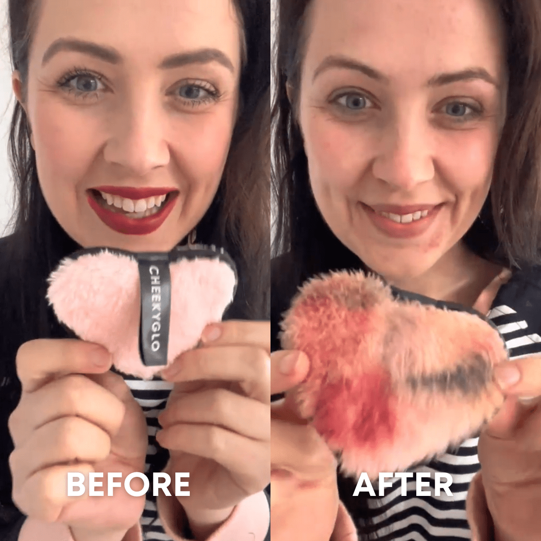 A woman holds a heart-shaped makeup pad in a side-by-side comparison. On the left, a clean, pink pad labeled "CheekyGlo" with "BEFORE" below it. On the right, a used, stained pad with "AFTER" underneath. Discover eco-friendly skincare with the reusable CheekyGlo Makeup Eraser by CheekyGlo.
