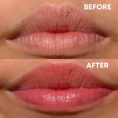 before and after on woman's lips after using the cheekyglo colour changing lip oil in shade pink or candy
