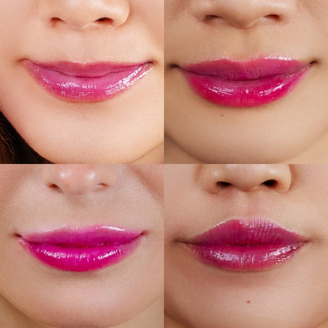 Close-up of four images showing people with shiny pink lip gloss. Top images feature ultra-hydrating, lighter shades; bottom ones show brighter hues. Enhanced by pH-powered tech, all lips are in natural light. Product: Colour Changing Lip Oil (Pink) by CheekyGlo.