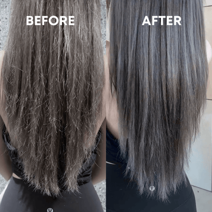 Side-by-side images of long hair detailing a transformation using the CheekyGlo Hair &amp; Scalp Set. The left image shows dull, frizzy, and textured hair with visible product build-up labeled &quot;Before.&quot; The right image presents smooth, shiny, and straightened hair labeled &quot;After.&quot; Suitable for all hair types, the background is blurry and neutral-toned.