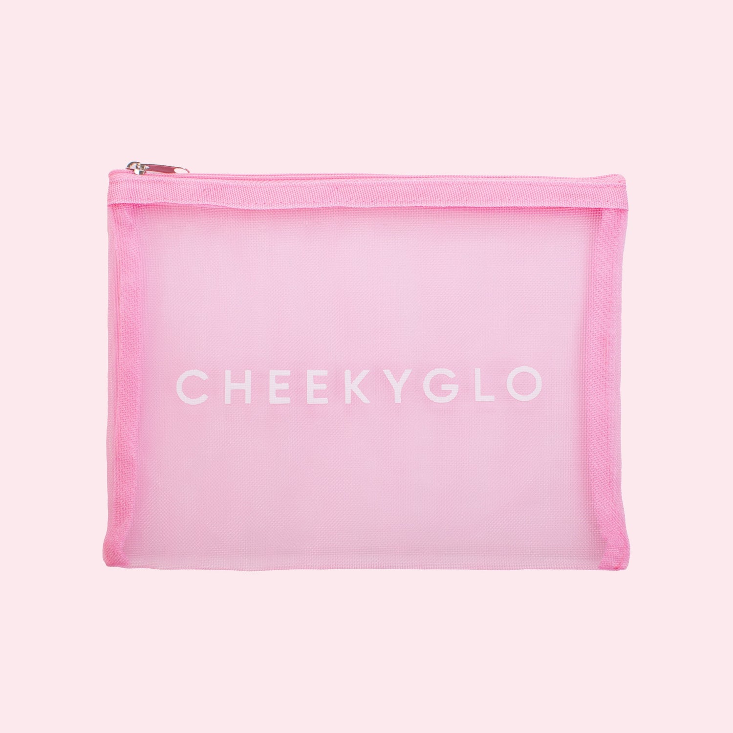 A pink, transparent zippered makeup bag with &quot;CHEEKYGLO&quot; printed in white on the front, perfect for storing your CheekyGlo Ultimate Glow Set and Exfoliating Glove.