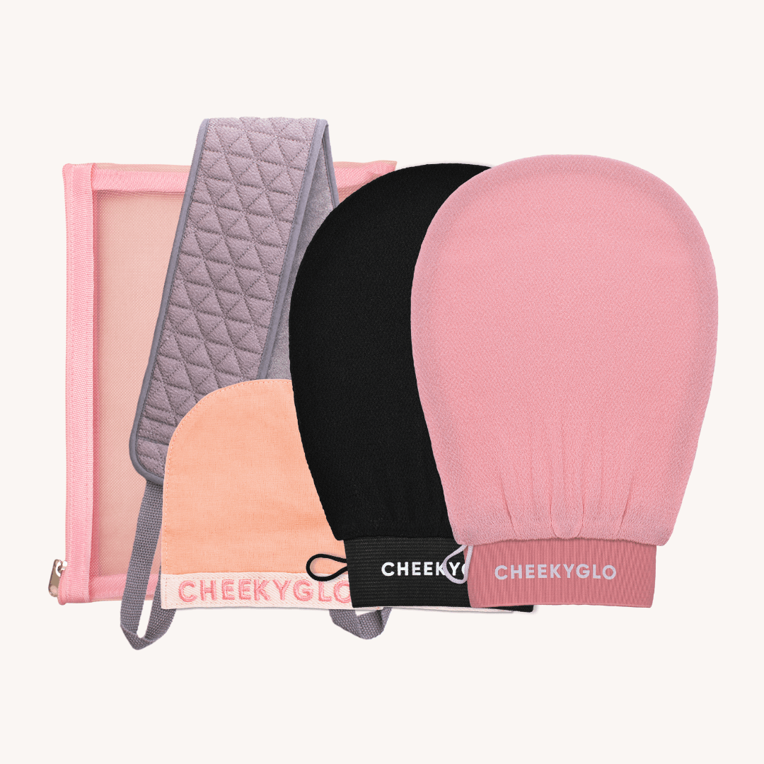 The Ultimate Glow Set by CheekyGlo, featuring pink and black exfoliating gloves, brings a playful touch to your skincare routine and comes with a free makeup bag.