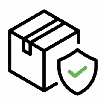 A straightforward black line illustration of a cardboard box, accompanied by a green checkmark on a shield symbol, signifying security or protection, perfectly represents CheekyGlo&