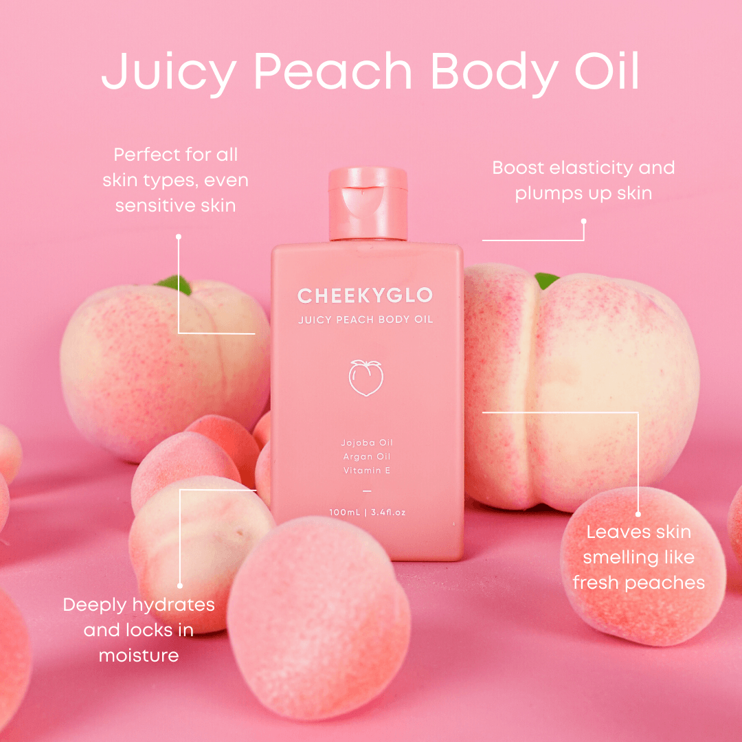 A pink bottle of CheekyGlo Juicy Peach Body Oil surrounded by fresh peaches. Text highlights the oil&