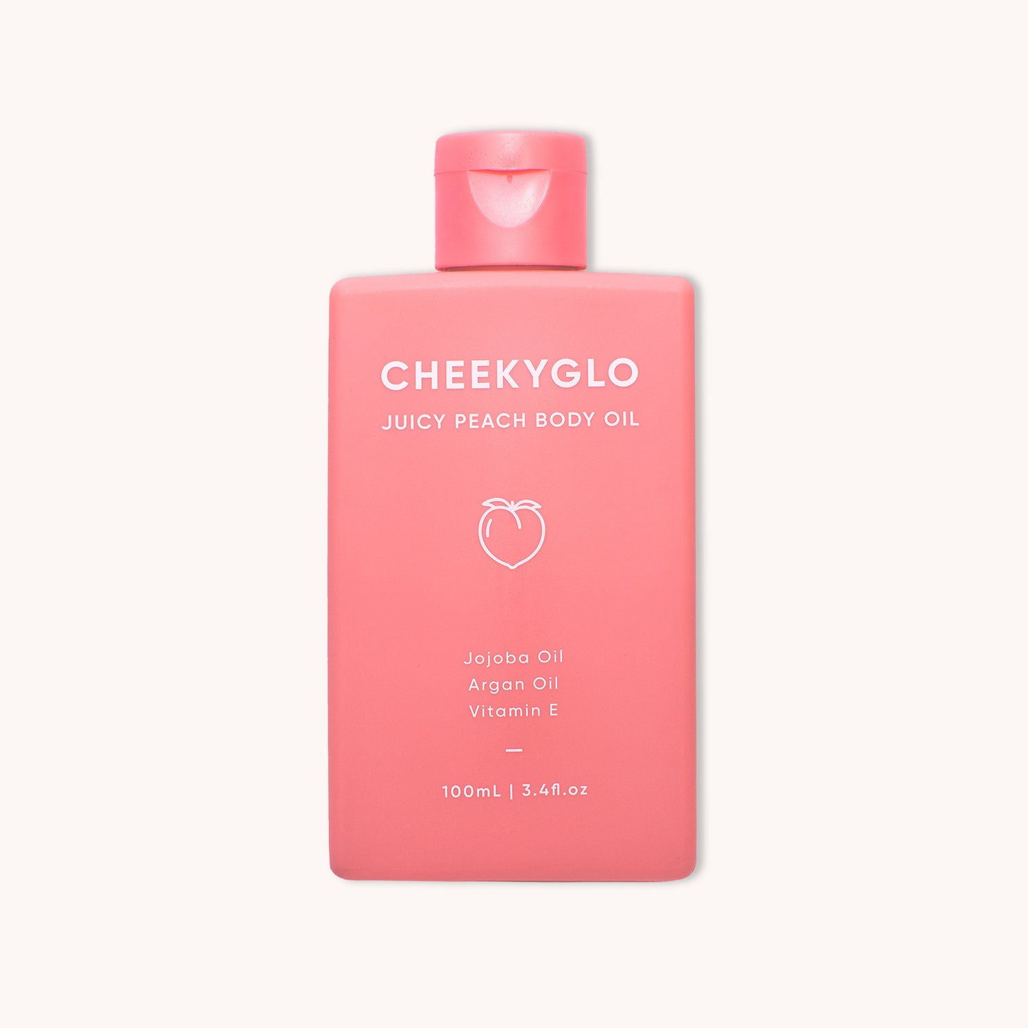 A pink bottle labeled &quot;CheekyGlo Juicy Peach Body Oil&quot; features an illustration of a peach. This ultra-hydrating body oil contains 100 ml (3.4 fl oz) of product and lists Jojoba Oil, Argan Oil, and Vitamin E as key ingredients for a nourishing experience.