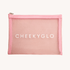 A pink mesh zippered makeup bag from CheekyGlo, featuring "CHEEKYGLO" in white across the front.