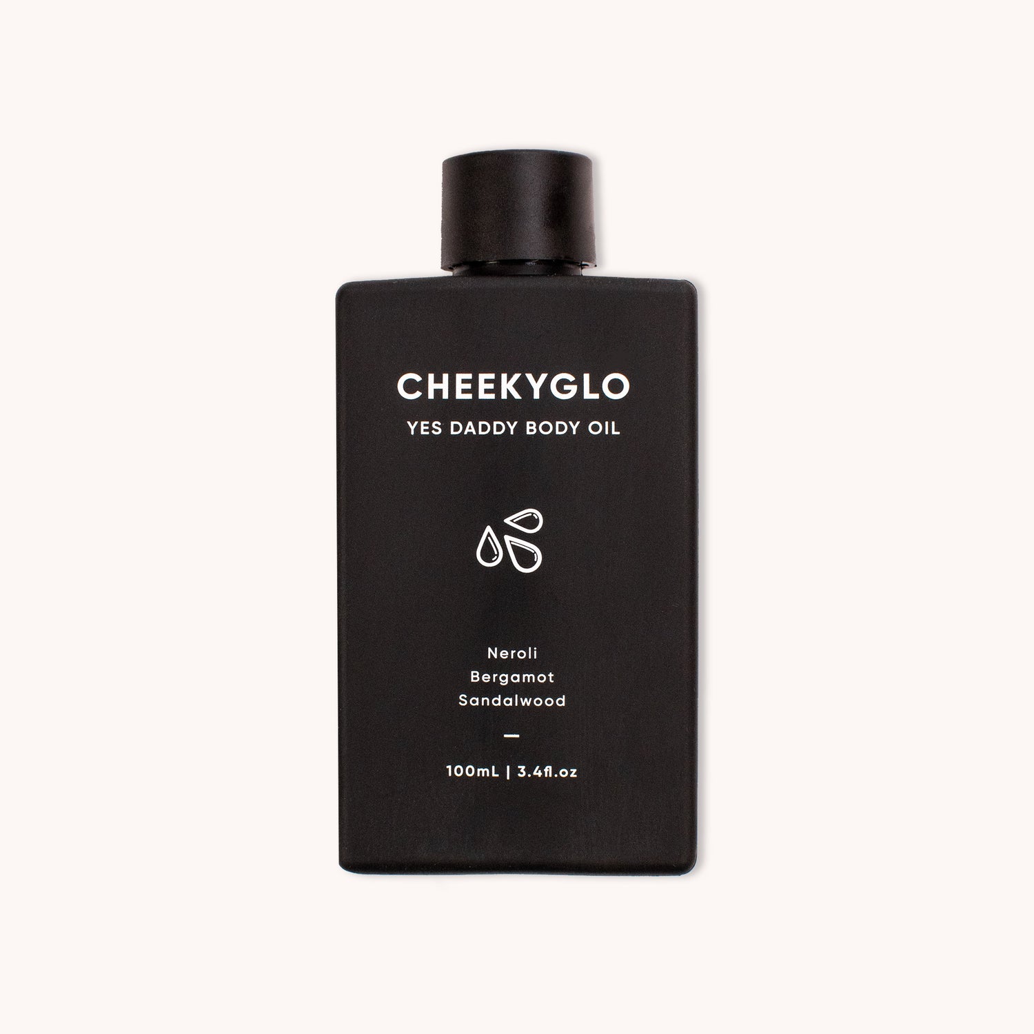 A black bottle of CheekyGlo Yes Daddy Body Oil featuring white text, indicating it is 100ml (3.41 fl oz) and contains ultra-hydrating certified organic ingredients. It boasts scents like neroli, bergamot, and sandalwood. The bottle showcases a minimalist design with subtle droplet graphics.